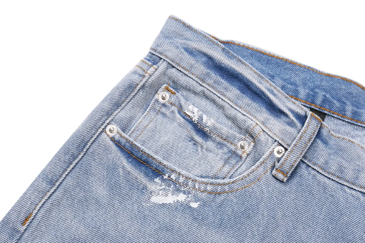 p270 647#Gallery Dept New Washed Blue Destroyed Hole Embroidery Patch Hand-painted Splashed Ink Splicing Micro-Large Jeans Heavy Industry Ox King American High Street Casual Pants Washed Blue S~XL